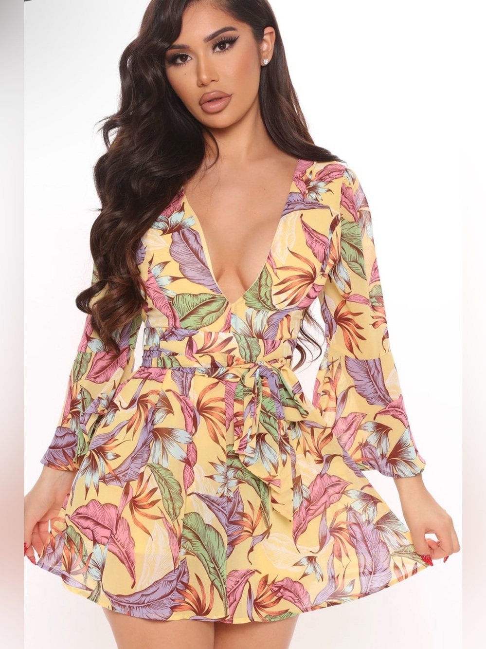 Fashion Nova Yellow Tropical Wrap Mini romper with Multicolor Leaf Print